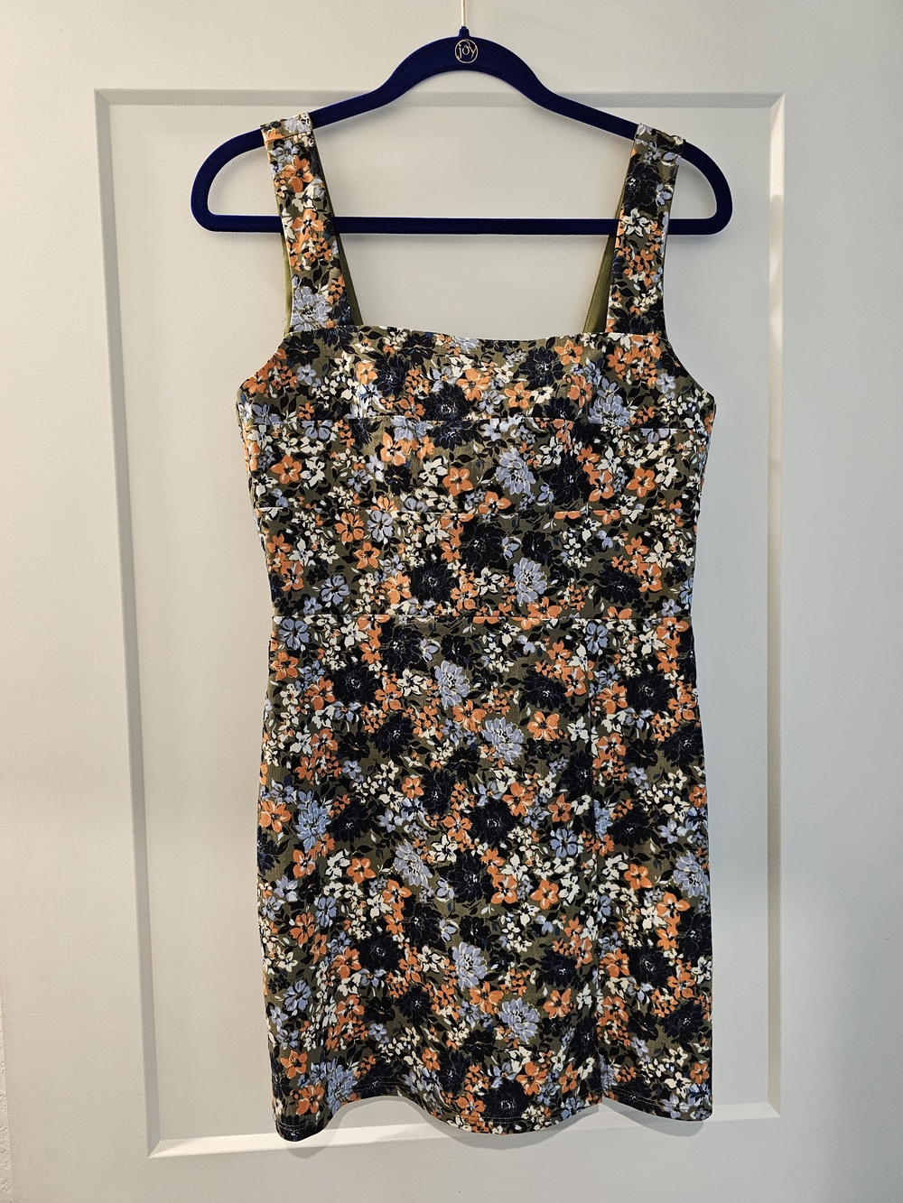 Francesca's Collections Black Mini Dress with Orange and Blue Floral Print